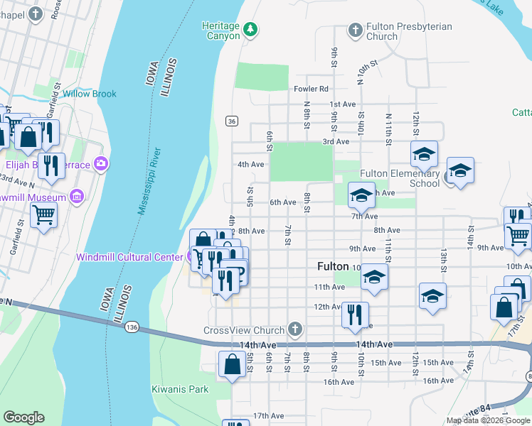 map of restaurants, bars, coffee shops, grocery stores, and more near 527 7th Avenue in Fulton