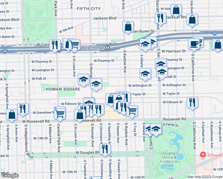 map of restaurants, bars, coffee shops, grocery stores, and more near 3245 West Arthington Street in Chicago