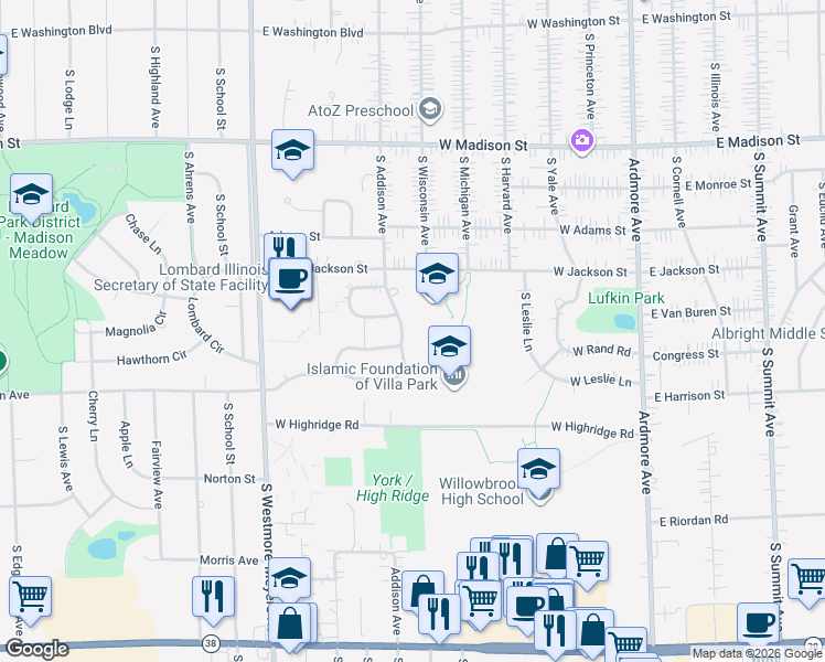 map of restaurants, bars, coffee shops, grocery stores, and more near 861 East Addison Avenue in Lombard
