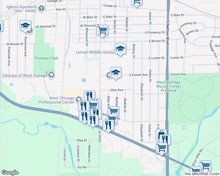 map of restaurants, bars, coffee shops, grocery stores, and more near 205 Glen Avenue in West Chicago