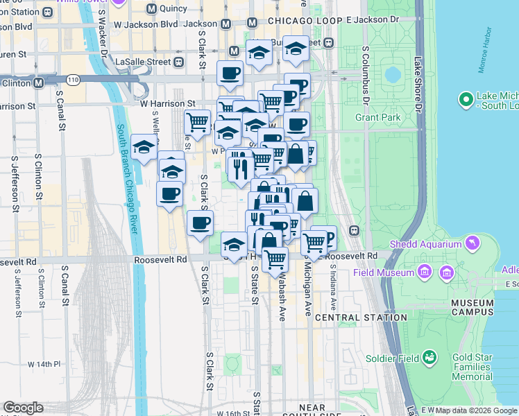 map of restaurants, bars, coffee shops, grocery stores, and more near 1025 South State Street in Chicago