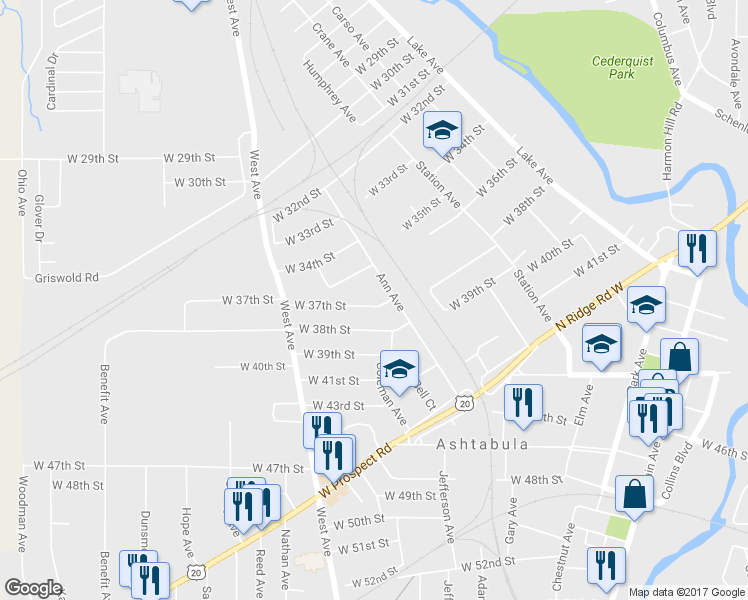 map of restaurants, bars, coffee shops, grocery stores, and more near 907 W 37th St in Ashtabula