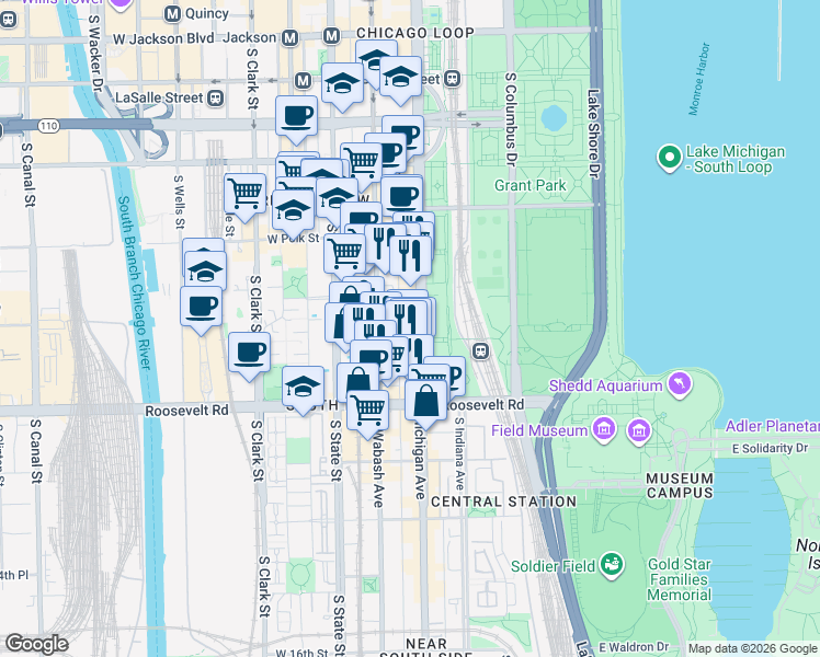 map of restaurants, bars, coffee shops, grocery stores, and more near in Chicago
