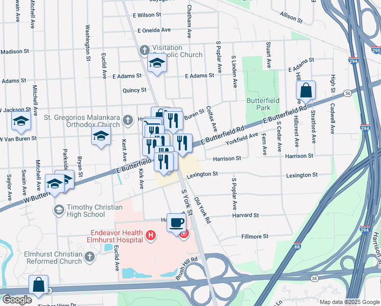 map of restaurants, bars, coffee shops, grocery stores, and more near 260 East Butterfield Road in Elmhurst