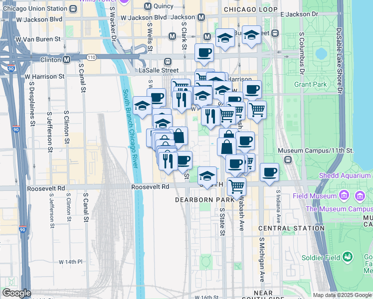 map of restaurants, bars, coffee shops, grocery stores, and more near 987 South Clark Street in Chicago