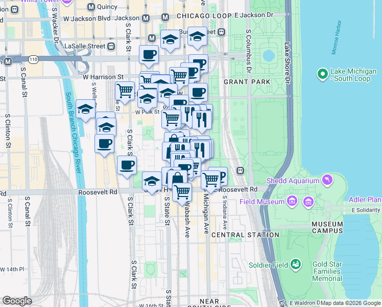 map of restaurants, bars, coffee shops, grocery stores, and more near 1015 S Wabash Ave in Chicago