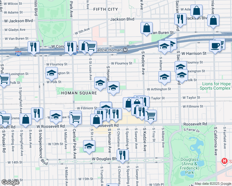 map of restaurants, bars, coffee shops, grocery stores, and more near 3333 West Arthington Street in Chicago