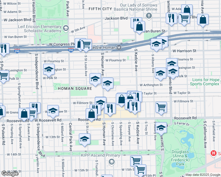 map of restaurants, bars, coffee shops, grocery stores, and more near 3333 West Arthington Street in Chicago