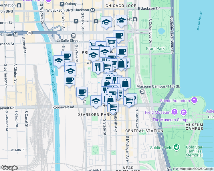 map of restaurants, bars, coffee shops, grocery stores, and more near 1009 South State Street in Chicago