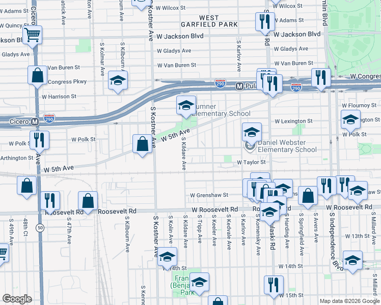 map of restaurants, bars, coffee shops, grocery stores, and more near 4247 West Arthington Street in Chicago