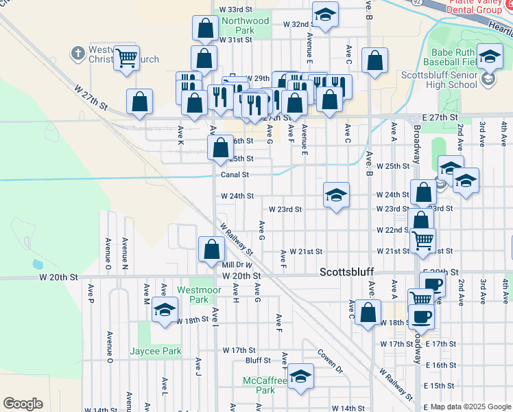 map of restaurants, bars, coffee shops, grocery stores, and more near 2306 Avenue G in Scottsbluff