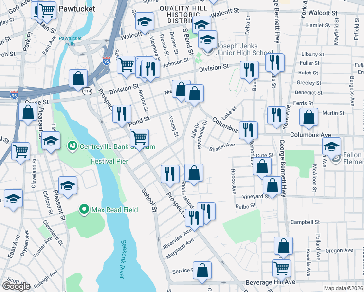 map of restaurants, bars, coffee shops, grocery stores, and more near 132 Rhode Island Avenue in Pawtucket