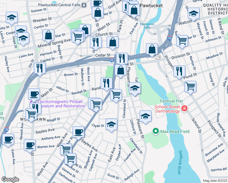map of restaurants, bars, coffee shops, grocery stores, and more near 166 Pawtucket Avenue in Pawtucket