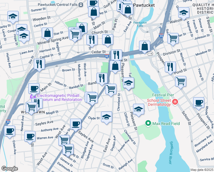 map of restaurants, bars, coffee shops, grocery stores, and more near 166 Pawtucket Avenue in Pawtucket