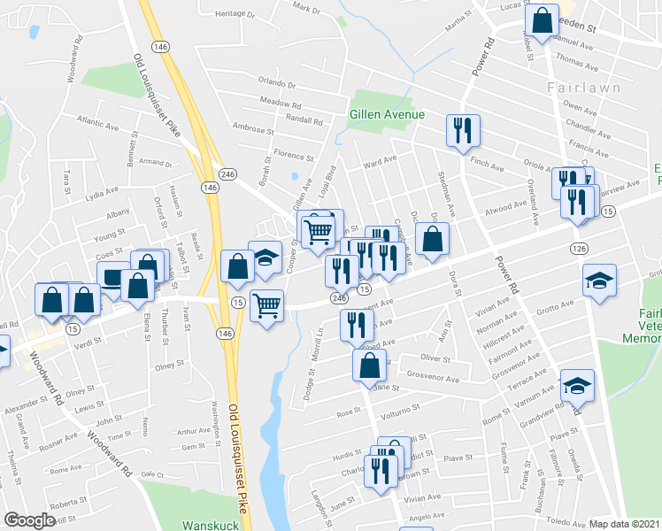map of restaurants, bars, coffee shops, grocery stores, and more near 1105 Rhode Island 246 in North Providence