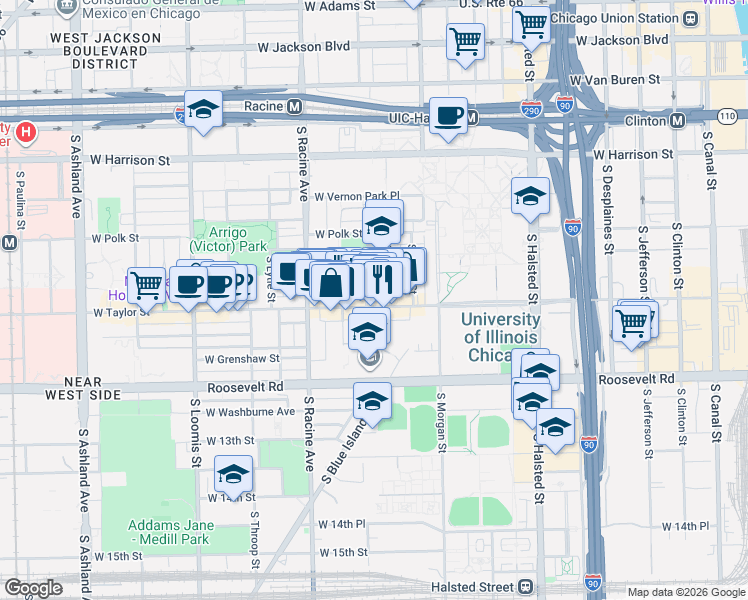 map of restaurants, bars, coffee shops, grocery stores, and more near 1074 West Taylor Street in Chicago