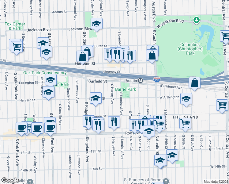map of restaurants, bars, coffee shops, grocery stores, and more near 1036 South Harvey Avenue in Oak Park