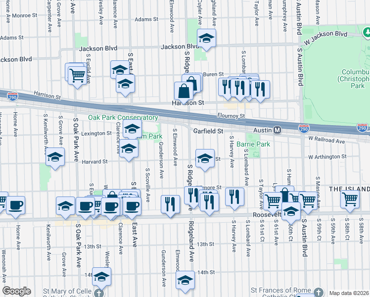 map of restaurants, bars, coffee shops, grocery stores, and more near 1035 South Ridgeland Avenue in Oak Park