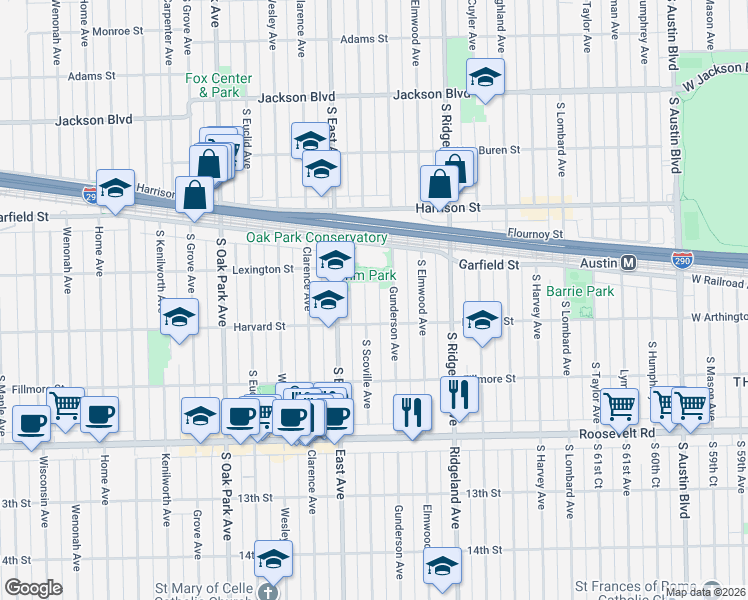 map of restaurants, bars, coffee shops, grocery stores, and more near 1032 South Scoville Avenue in Oak Park