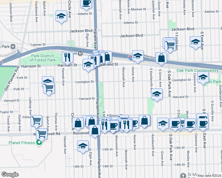 map of restaurants, bars, coffee shops, grocery stores, and more near 1025 Wisconsin Avenue in Oak Park