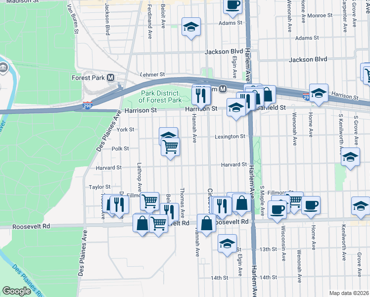 map of restaurants, bars, coffee shops, grocery stores, and more near 920 Thomas Avenue in Forest Park