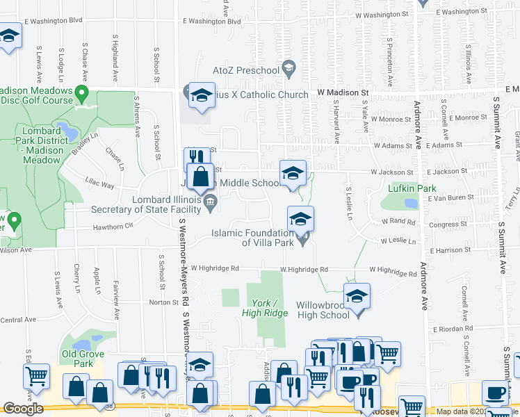 map of restaurants, bars, coffee shops, grocery stores, and more near 1144 East Wilson Avenue in Lombard