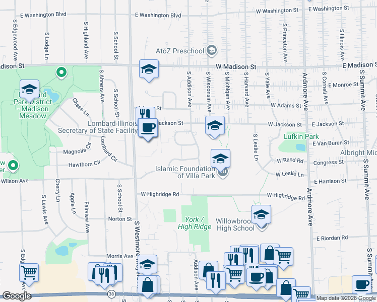 map of restaurants, bars, coffee shops, grocery stores, and more near 1144 East Wilson Avenue in Lombard