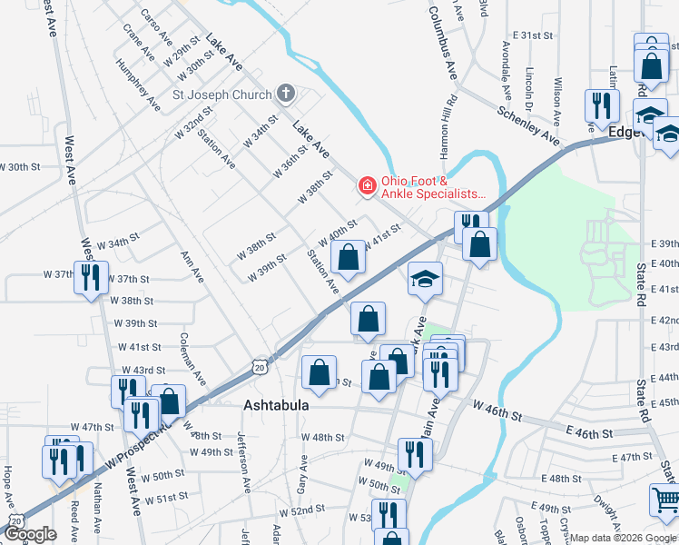 map of restaurants, bars, coffee shops, grocery stores, and more near 4112 Station Avenue in Ashtabula