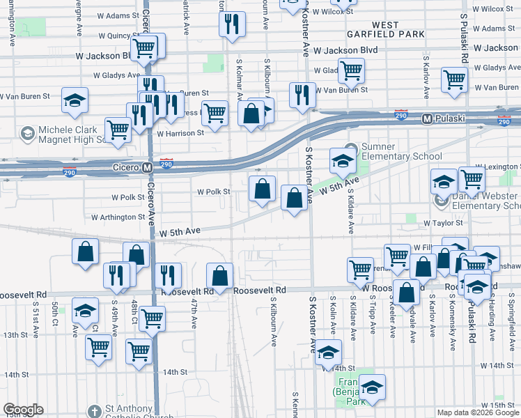 map of restaurants, bars, coffee shops, grocery stores, and more near 4509 West 5th Avenue in Chicago