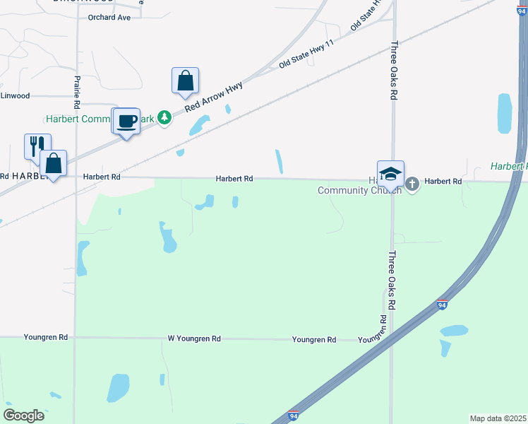map of restaurants, bars, coffee shops, grocery stores, and more near 6800 Harbert Road in Three Oaks