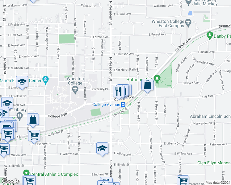 map of restaurants, bars, coffee shops, grocery stores, and more near 415 North President Street in Wheaton