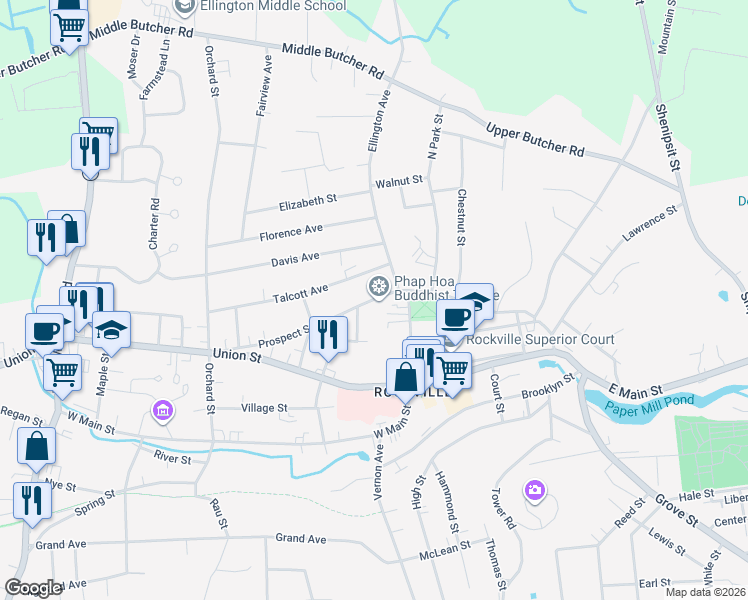 map of restaurants, bars, coffee shops, grocery stores, and more near 89 Prospect Street in Vernon