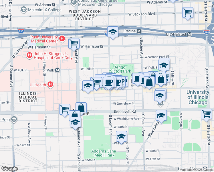 map of restaurants, bars, coffee shops, grocery stores, and more near 1408 West Taylor Street in Chicago