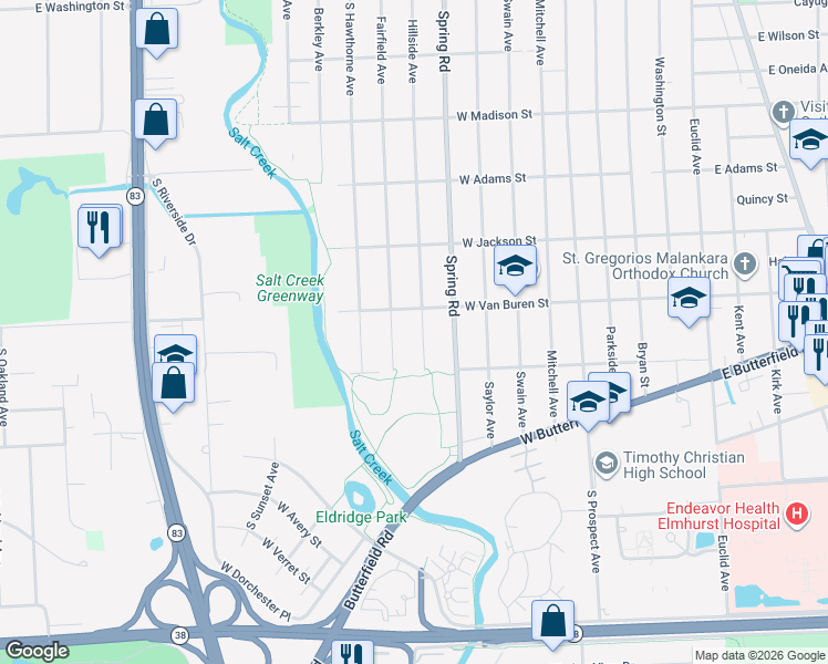 map of restaurants, bars, coffee shops, grocery stores, and more near 956 Hillside Avenue in Elmhurst
