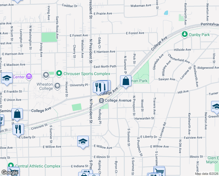 map of restaurants, bars, coffee shops, grocery stores, and more near 405 Stoddard Avenue in Wheaton