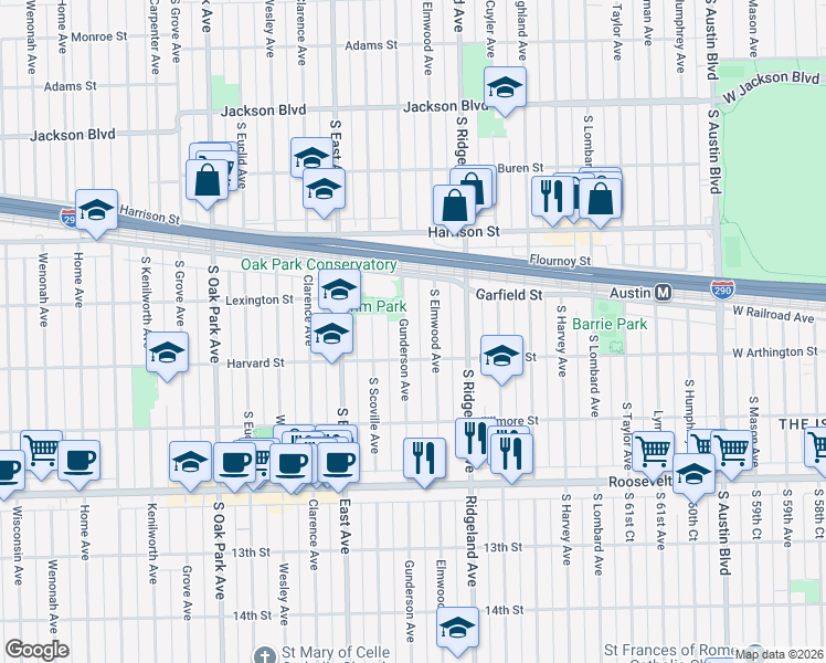 map of restaurants, bars, coffee shops, grocery stores, and more near 1034 Gunderson Avenue in Oak Park