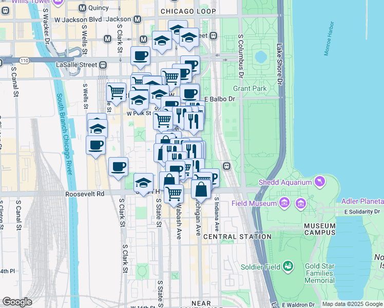 map of restaurants, bars, coffee shops, grocery stores, and more near 1000 South Michigan Avenue in Chicago