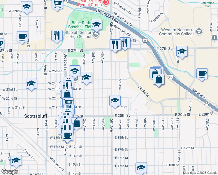 map of restaurants, bars, coffee shops, grocery stores, and more near 2219-2299 5th Avenue in Scottsbluff