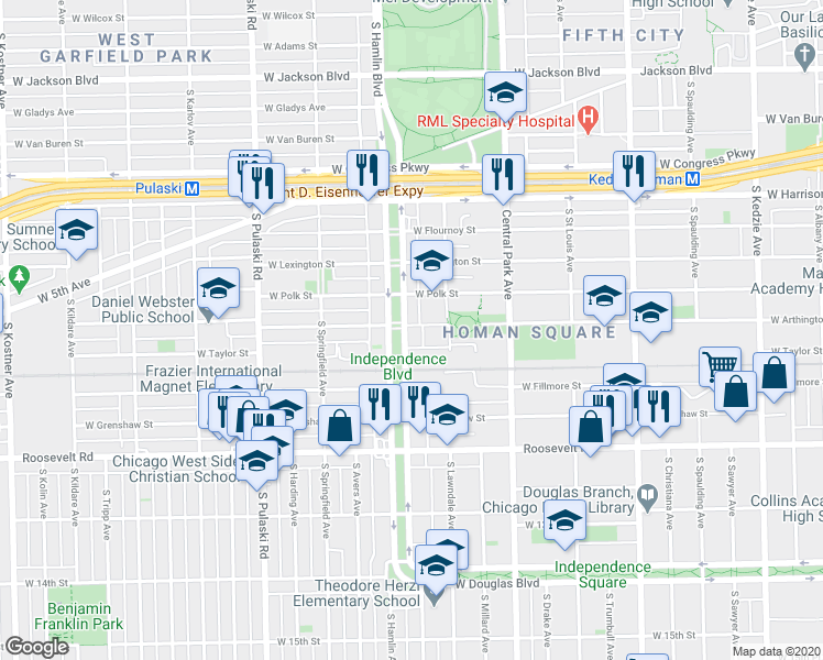 map of restaurants, bars, coffee shops, grocery stores, and more near 901 South Independence Boulevard in Chicago