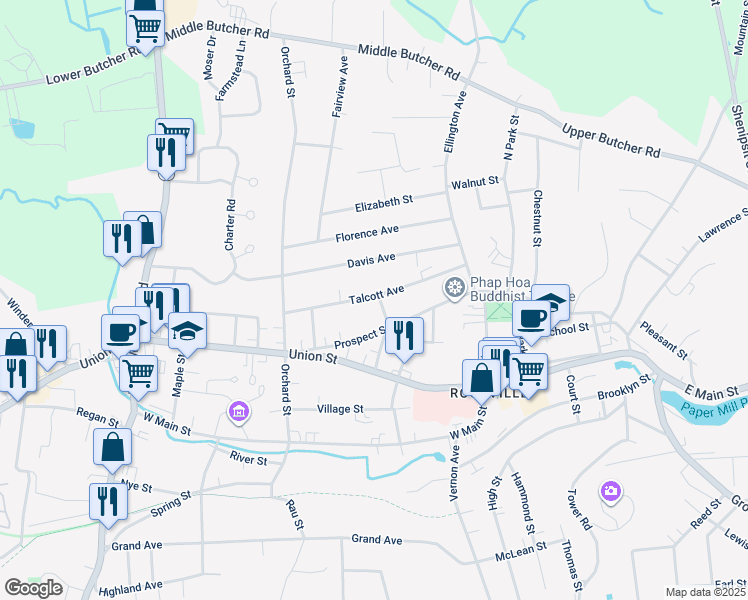 map of restaurants, bars, coffee shops, grocery stores, and more near 57 Talcott Avenue in Vernon