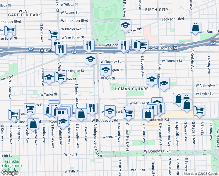 map of restaurants, bars, coffee shops, grocery stores, and more near 3701 West Arthington Street in Chicago