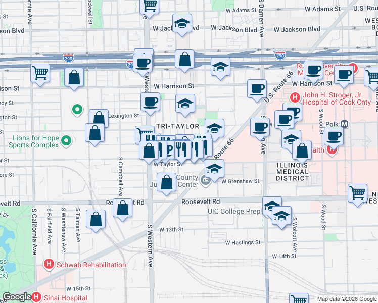 map of restaurants, bars, coffee shops, grocery stores, and more near 918 South Bell Avenue in Chicago