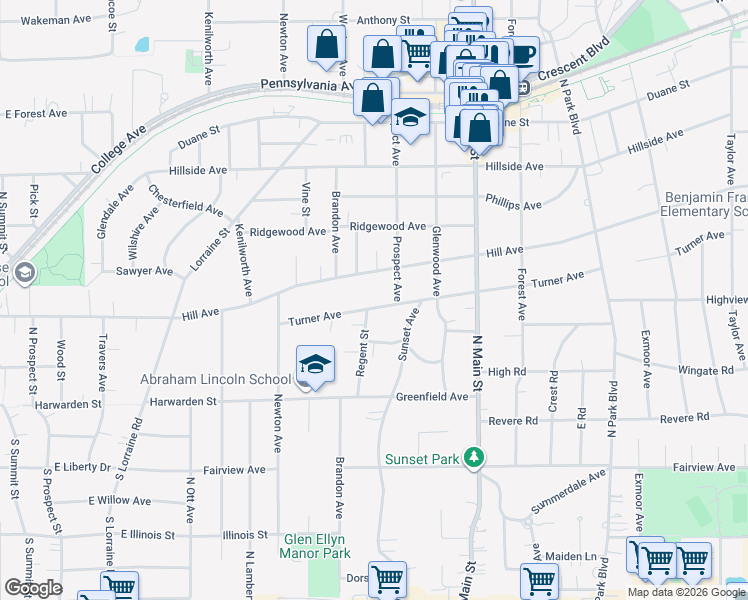 map of restaurants, bars, coffee shops, grocery stores, and more near 430 Turner Avenue in Glen Ellyn