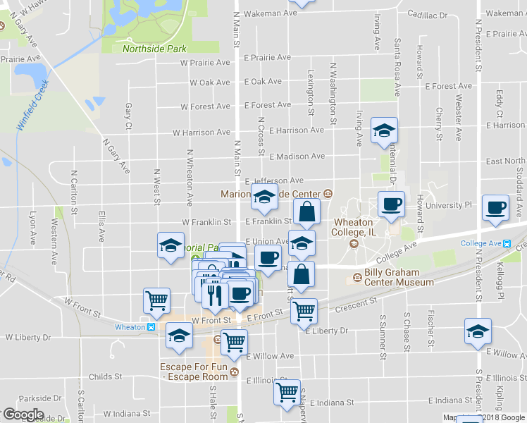 map of restaurants, bars, coffee shops, grocery stores, and more near 211 East Franklin Avenue in Wheaton
