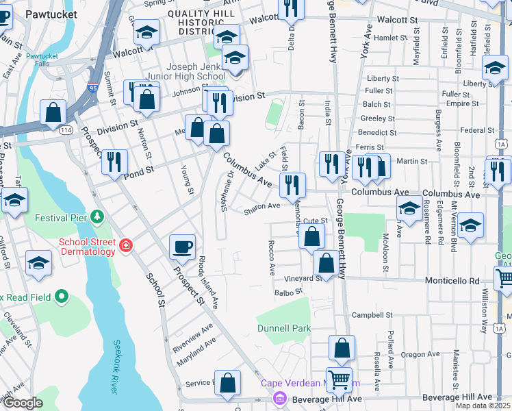 map of restaurants, bars, coffee shops, grocery stores, and more near 67 Sharon Avenue in Pawtucket