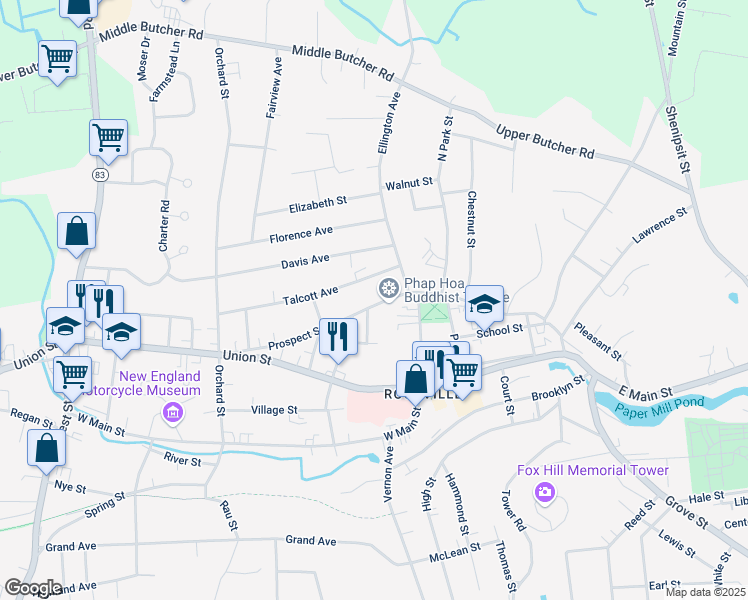 map of restaurants, bars, coffee shops, grocery stores, and more near 91 Prospect Street in Vernon