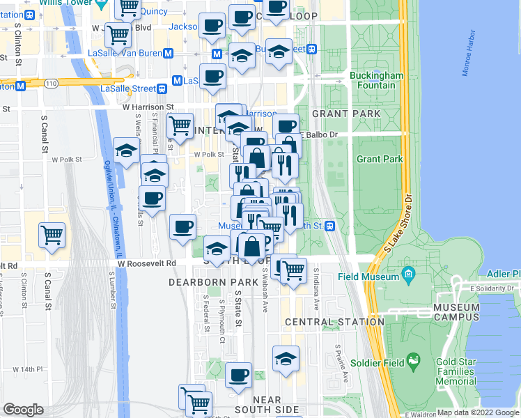 map of restaurants, bars, coffee shops, grocery stores, and more near in Chicago