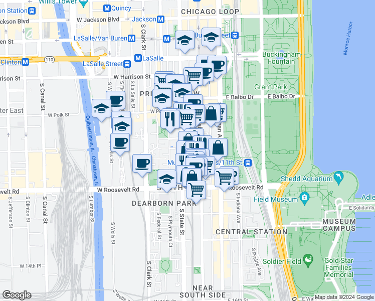 map of restaurants, bars, coffee shops, grocery stores, and more near 1025 South State Street in Chicago