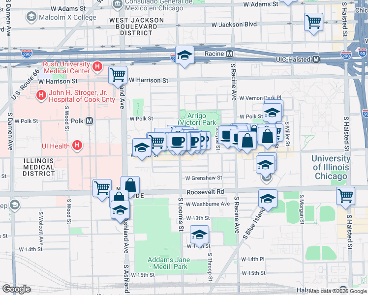 map of restaurants, bars, coffee shops, grocery stores, and more near 927A South Loomis Street in Chicago