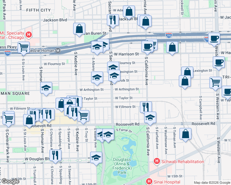 map of restaurants, bars, coffee shops, grocery stores, and more near 919 South Sacramento Boulevard in Chicago